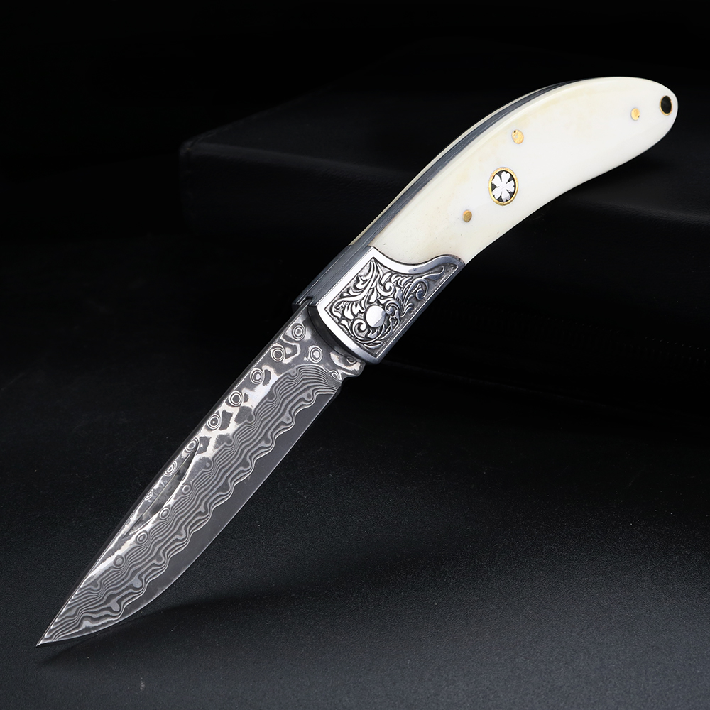 Bone Folder Tool - Cuchillo plegable de acero damasco con